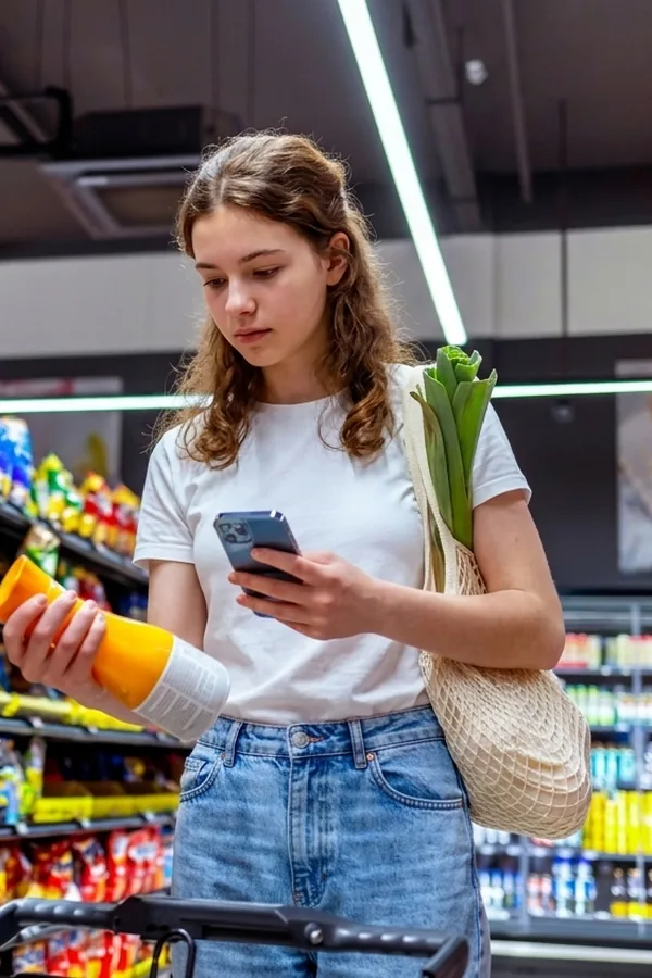 A shopper reading the label on a bottle with her phone in hand, in a supermarket aisle.